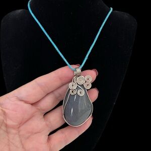 Natural Blue stone, pendant, silver plated, wire wrapped